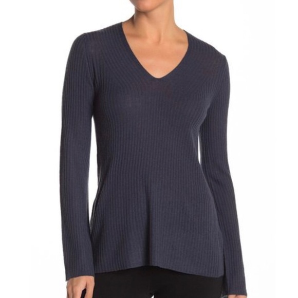 Vince Sweaters - Vince V Neck Ribbed Cashmere Blend Blue Sweater